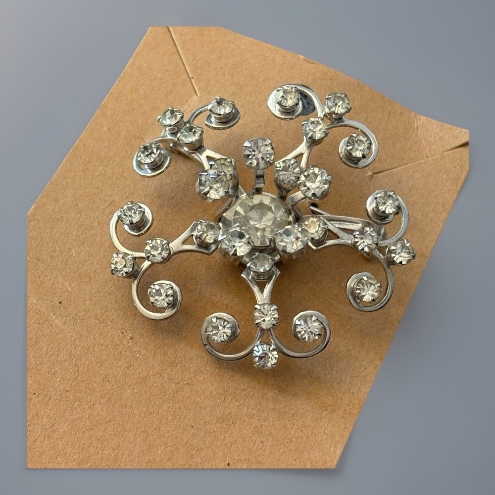 VTG 50s Clear Rhinestone Snowflake Brooch Silver Tone Statement Pin MCM Bridal